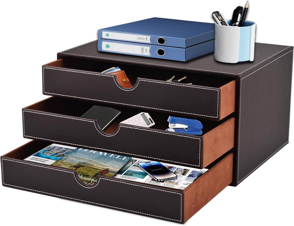 PU Leather Desk Organizer with 3 Drawers,Executive Office Supplies Desktop Filing A4 File Cabinet/Holder for Jewelry/Bill/Paper/Documents/Makeup Home Decor Stationery Storage Box,Brown
