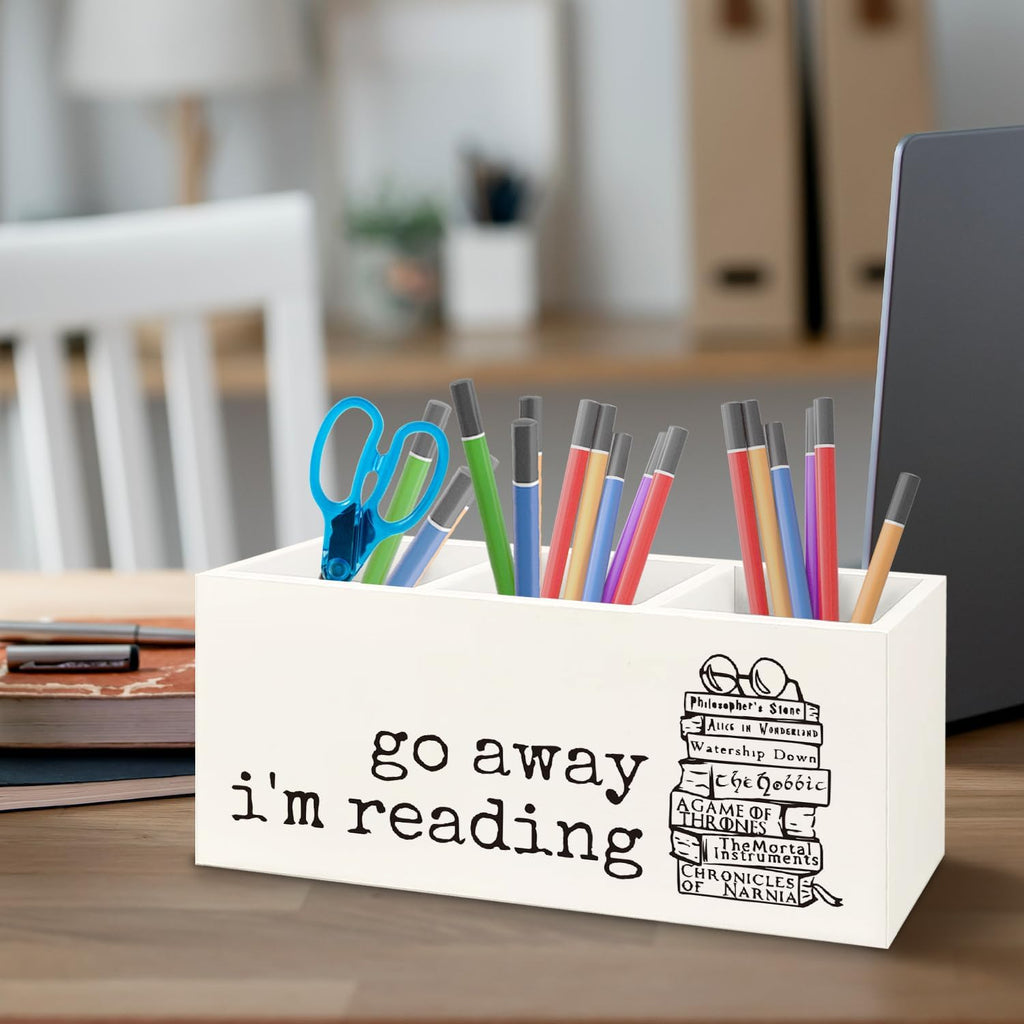 Book Lovers Gifts Wooden Pen Pencil Holder for Classroom Library Office Desk Accessories, Reading Gifts for Book Lovers Readers, Bookish Makeup Brush Toothbrush Holder Organizer for Bathroom