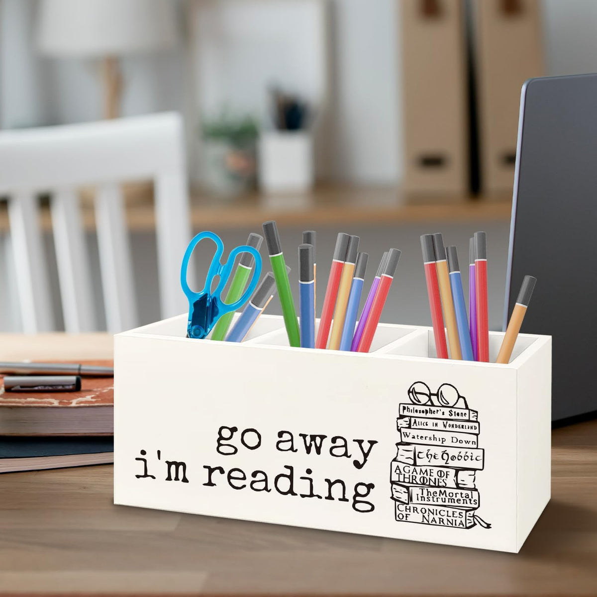 Book Lovers Gifts Wooden Pen Pencil Holder for Classroom Library Office Desk Accessories, Reading Gifts for Book Lovers Readers, Bookish Makeup Brush Toothbrush Holder Organizer for Bathroom