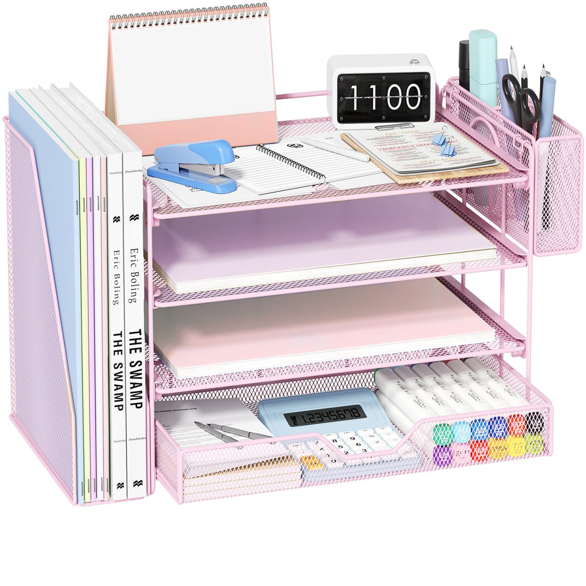 OPNICE Desk Organizer, 4-Tier Desktop File Organizer with Drawer and Pen Holders, Office Desk Accessories, File Sorters, Workspace Organizers for Office Supplies(Black)