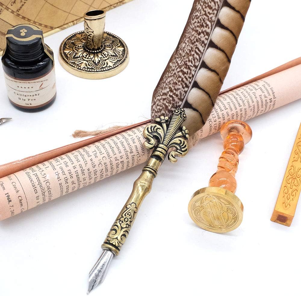 Antique Quill Pen Unique Half-Patterned Feather Pen Set with 6 Nibs 1 Bottle of Ink 1 Seal Stamp 1 Pen Holder 1 Sealing Wax LL-149