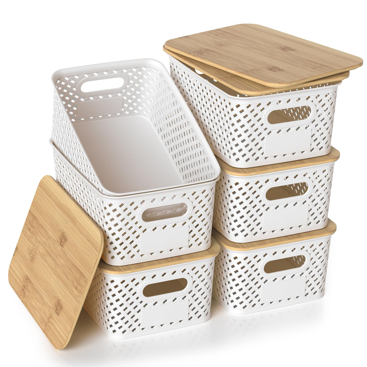 Plastic Storage Bins with Bamboo Lids, Stackable Small Box Baskets for Organizing and Containers for Shelves Drawers Desktop Closet Pantry Classroom Office Home, 6 Pack 10.2x7.2x4.1 Inch, White