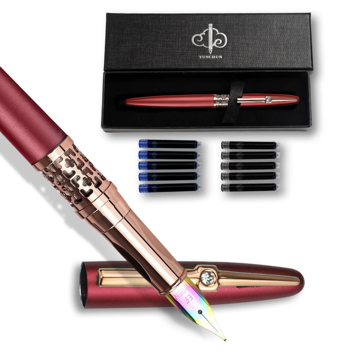 YUNCHUN Refillable Fountain Pen Medium Nib, Fancy Ink Pen with 10 Black & 10 Blue Ink Refills Cartridges, Cool Ink Pens for Writing, Business Metal, Best Gift Set for Men & Women, Red