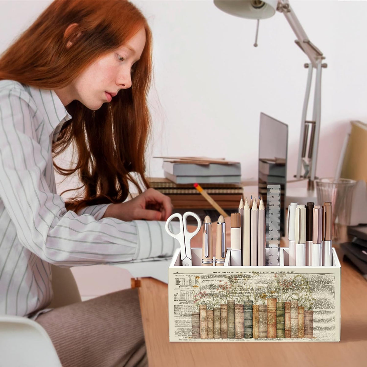 Vintage Book Floral Pen Pencil Holder for Desk, Book Lovers Gifts