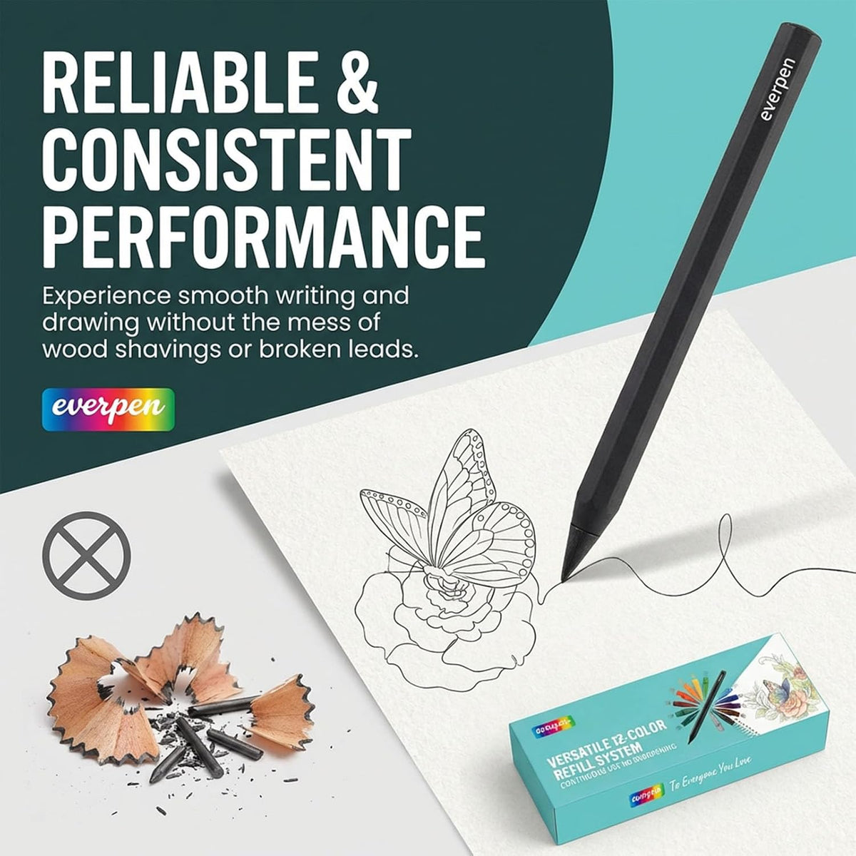 Forever Pencil,Metal Alloy Writing Instrument, With 12 Colored Refill Tips, No Sharpening Required, Pencils for Drawing, Sketching and Writing,Bonus Gift Storage Box (Black, No Gift Box)