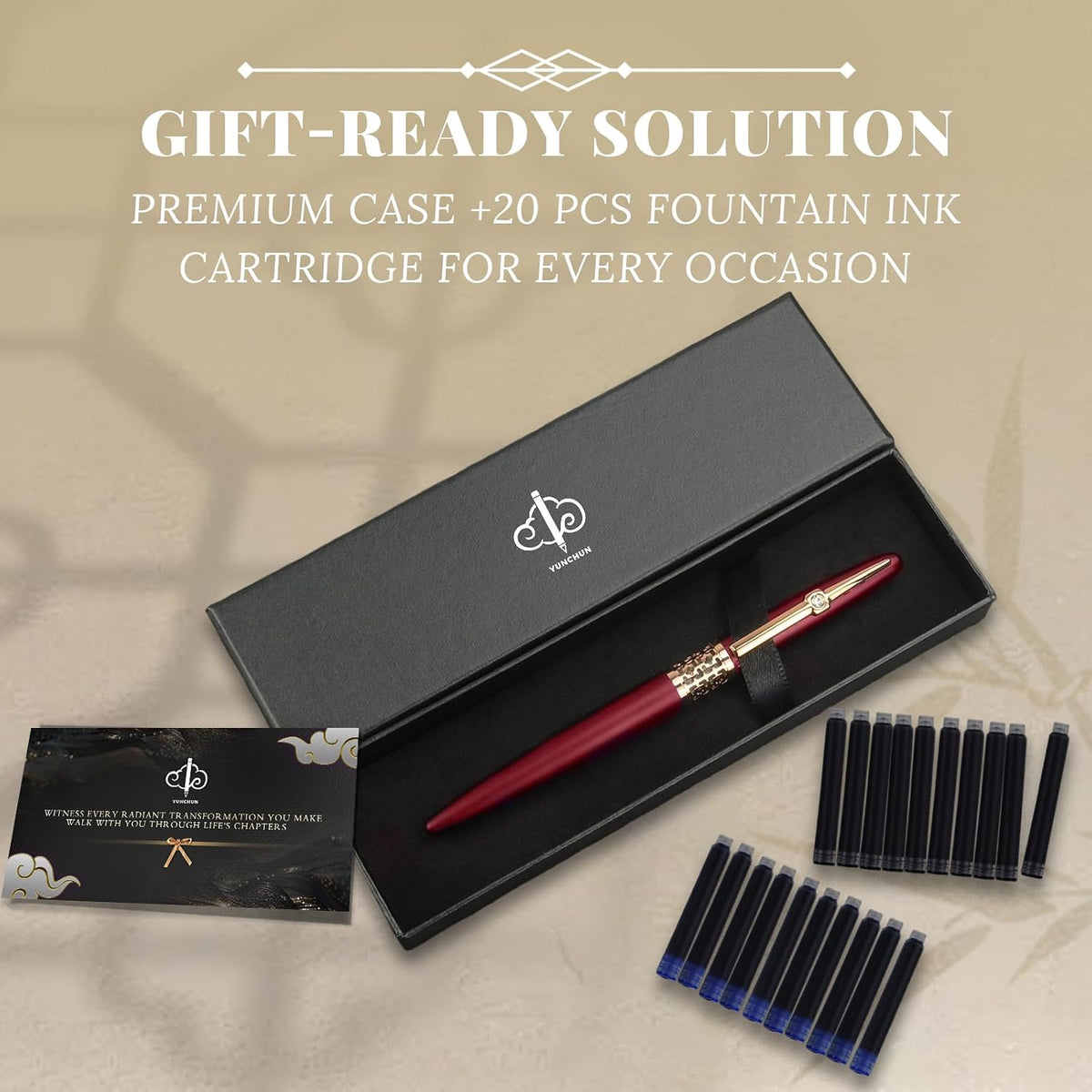YUNCHUN Refillable Fountain Pen Medium Nib, Fancy Ink Pen with 10 Black & 10 Blue Ink Refills Cartridges, Cool Ink Pens for Writing, Business Metal, Best Gift Set for Men & Women, Red
