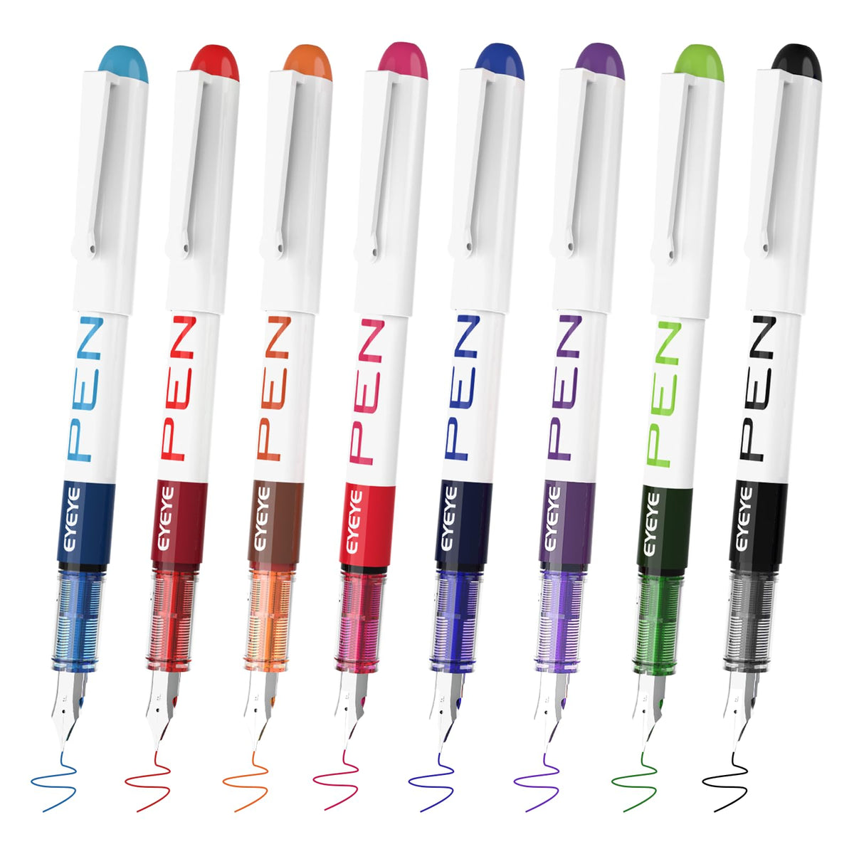 EYEYE Fountain Pens for Writing, 8 Pack Assorted Colors Fine Point Disposable Fountain Pens Stainless Steel Nib, Smooth Writing for Journaling, Drafting, Sketching, Doodling & Gifts