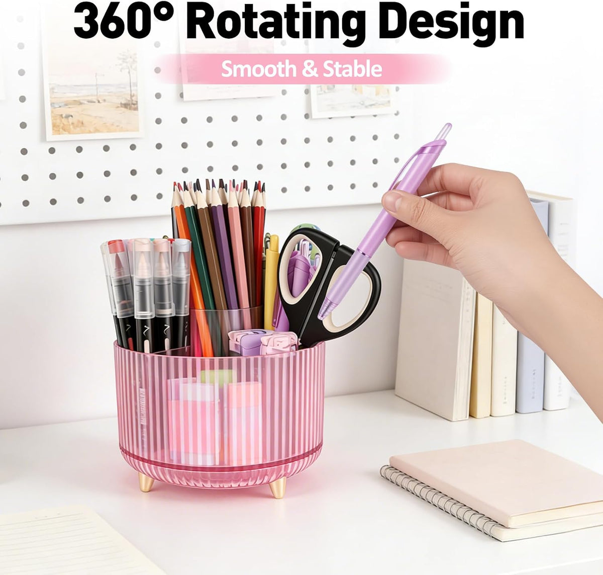 360 Rotating Pen Pencil Holder for Desk, Pen Organizer with 5 Slots