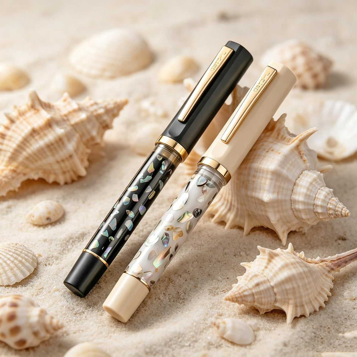 Jinhao 58 Fountain Pen Gift Set of 2 - Natural Sea Shell Inlay Fine Nib Luxury Writing Pens with Jinhao Orange Box & Ink Converters, Black & White
