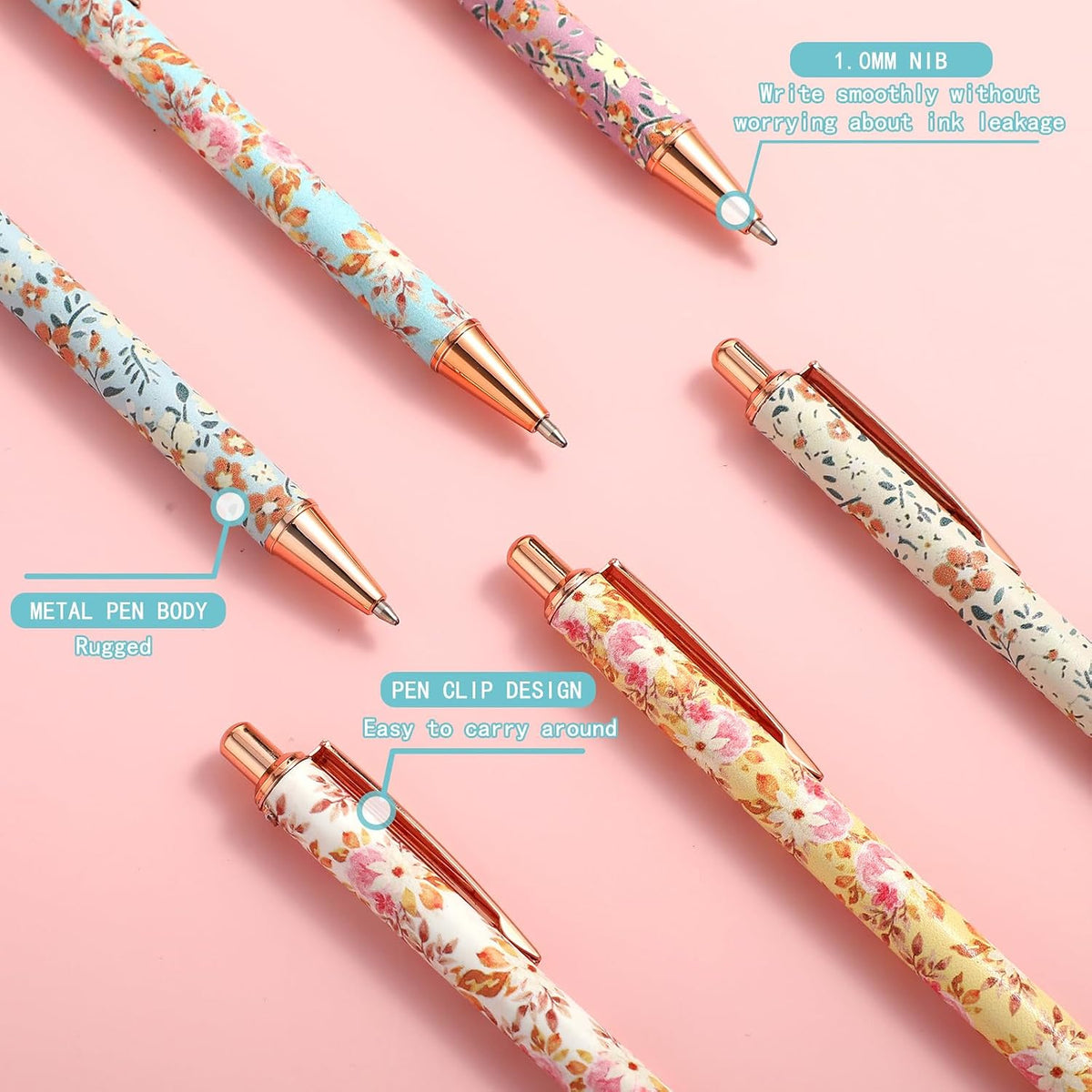 TIESOME 6pcs Floral Art Ballpoint Pens, 1.0mm Fashionable Retractable Ballpoint Pen Black Ballpoint Personalized Pens, Suitable for Women, Colleagues, Teachers, Students Gifts(color2)