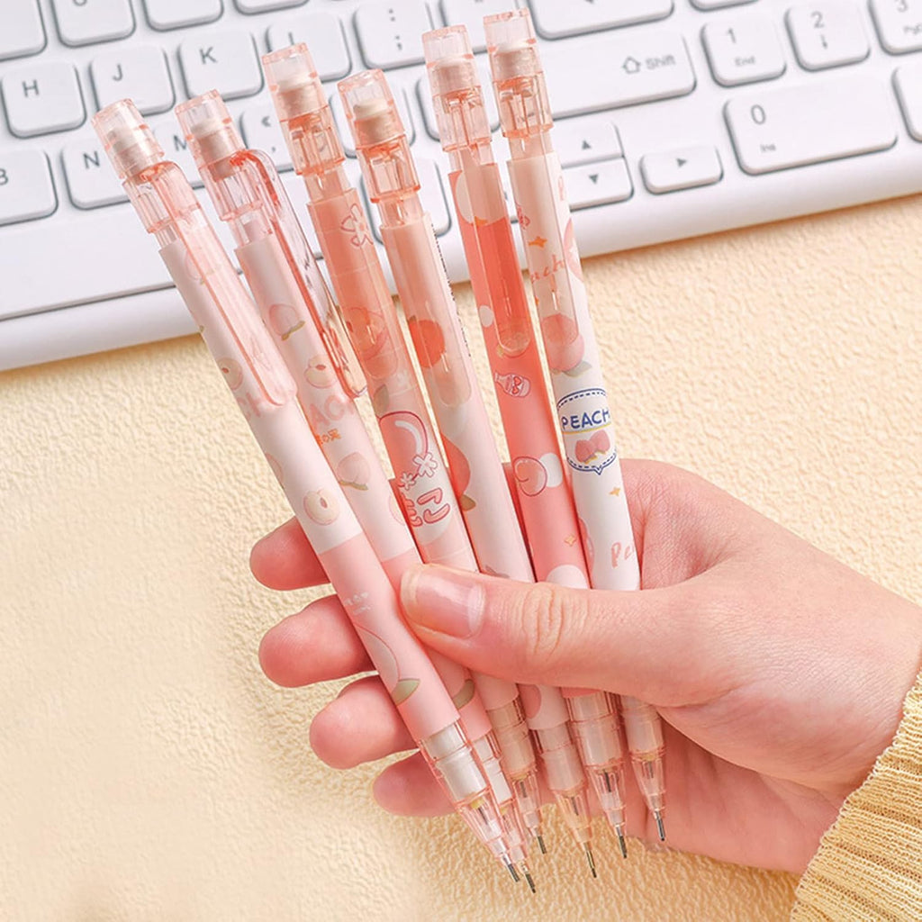 MOZXIRZ 6 Pcs Cute Mechanical Pencils with Eraser 0.5mm Cartoon Peach Mechanical Pencil School Pencil for Women (6pcs Peach/No Refill)