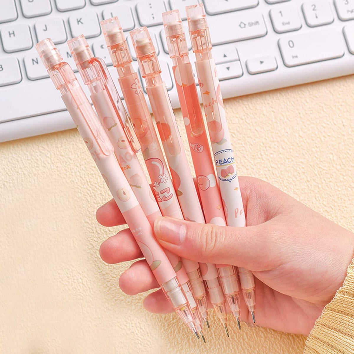 MOZXIRZ 6 Pcs Cute Mechanical Pencils with Eraser 0.5mm Cartoon Peach Mechanical Pencil School Pencil for Women (6pcs Peach/No Refill)