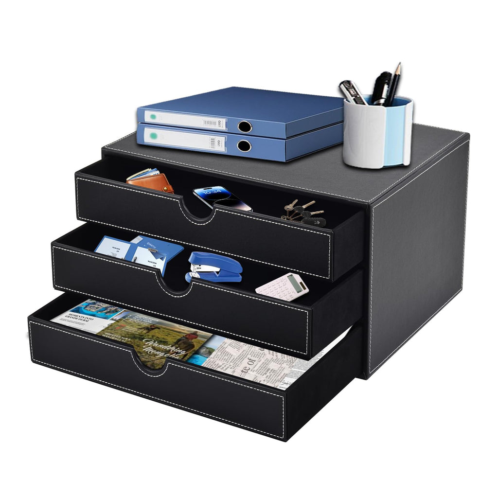 PU Leather Desk Organizer with 3 Drawers,Executive Office Supplies Desktop Filing A4 File Cabinet/Holder for Jewelry/Bill/Paper/Documents/Makeup Home Decor Stationery Storage Box,Brown