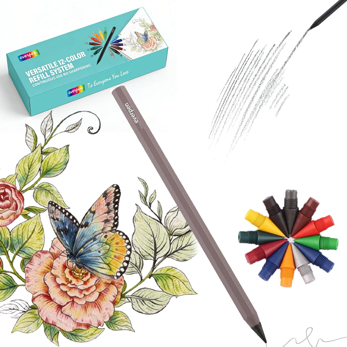 Forever Pencil,Metal Alloy Writing Instrument, With 12 Colored Refill Tips, No Sharpening Required, Pencils for Drawing, Sketching and Writing,Bonus Gift Storage Box (Black, No Gift Box)