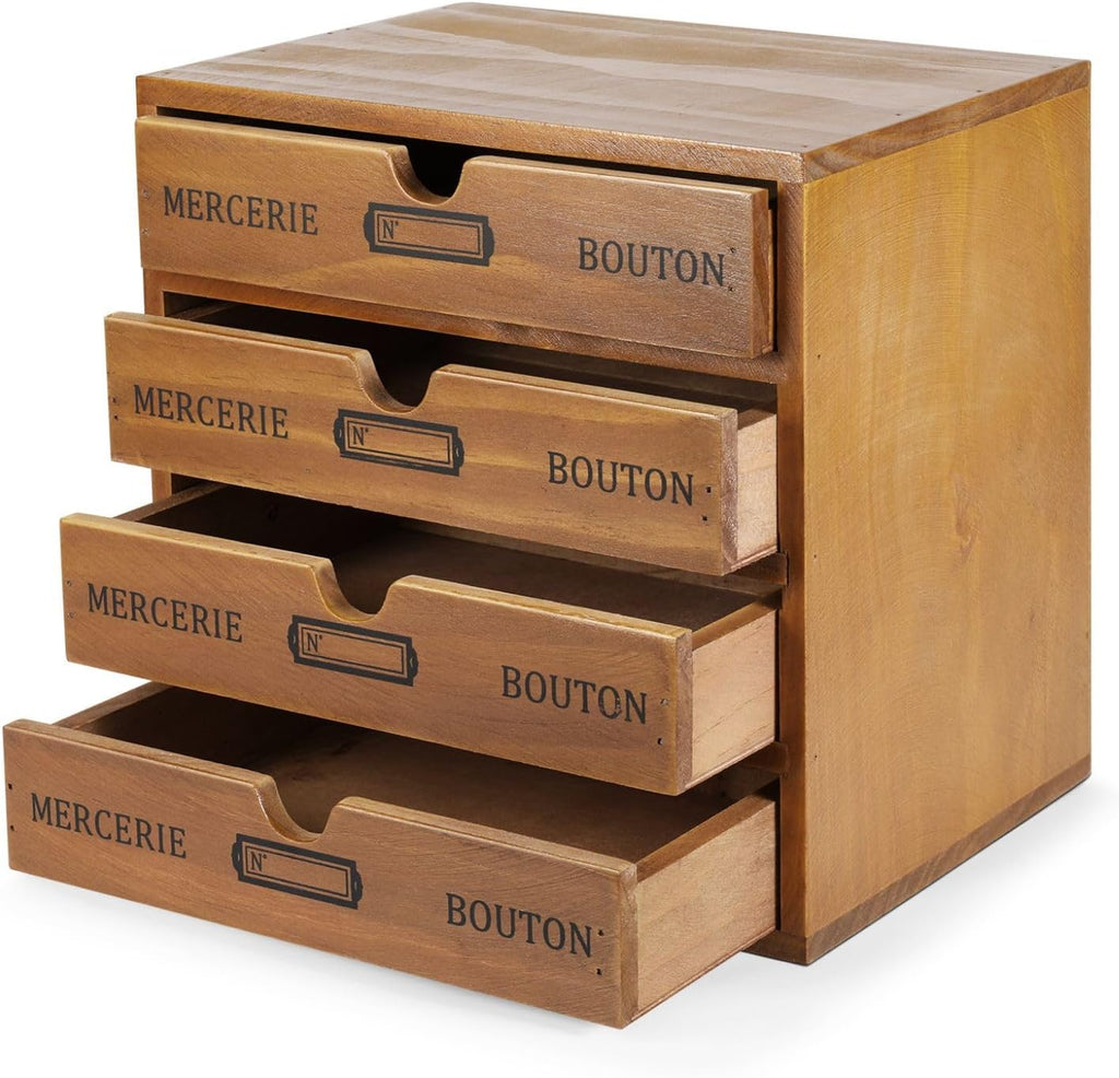 Flexzion Wooden Storage Box with 4 Drawers, Vintage Desktop Organizer