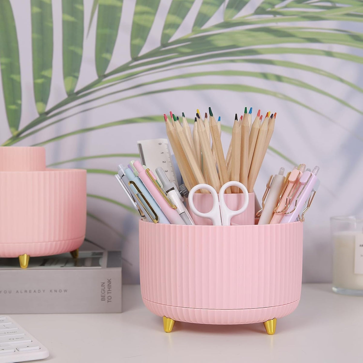 SKYDUE 360 Rotating Multipurpose Organizer - Cute Rotating Pen Holder with 5 Slots for Art Supplies, Office, School, Home