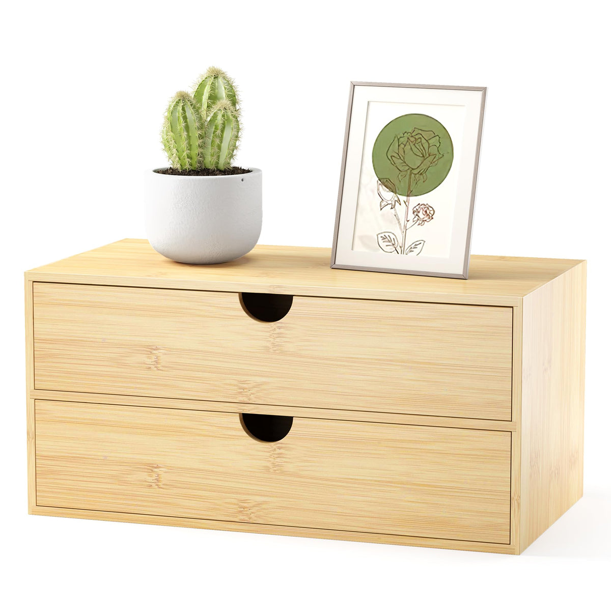 Bamboo Desk Organizer with Drawers, Desktop Storage Box for Office Supplies