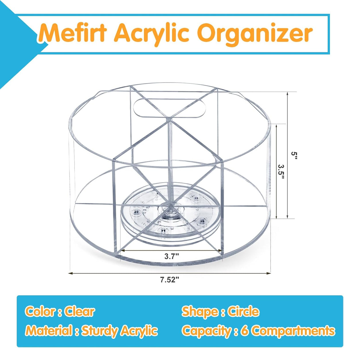 Mefirt Acrylic Pen Holder, 360 Degree Rotating Pen Organizer, Rotating Desk Acrylic Office Organizer with 6 Compartments, Marker Organizer for Kid, Crayon Caddy School Art Supply Storage Organizer