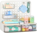 LETURE Desktop Stationery Organizer Storage with 3 Drawers, Plastic Desk Organization Holder with Pegboard Shelf & Adjustable Compartments for Stationery Office Supplies Makeup Accessories (White)
