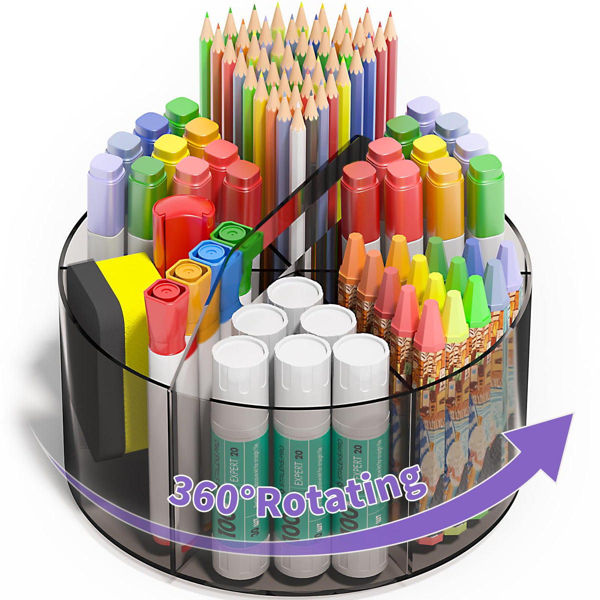 Mefirt Acrylic Pen Holder, 360 Degree Rotating Pen Organizer, Rotating Desk Acrylic Office Organizer with 6 Compartments, Marker Organizer for Kid, Crayon Caddy School Art Supply Storage Organizer