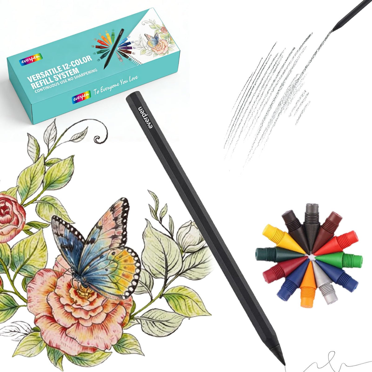 Forever Pencil,Metal Alloy Writing Instrument, With 12 Colored Refill Tips, No Sharpening Required, Pencils for Drawing, Sketching and Writing,Bonus Gift Storage Box (Black, No Gift Box)