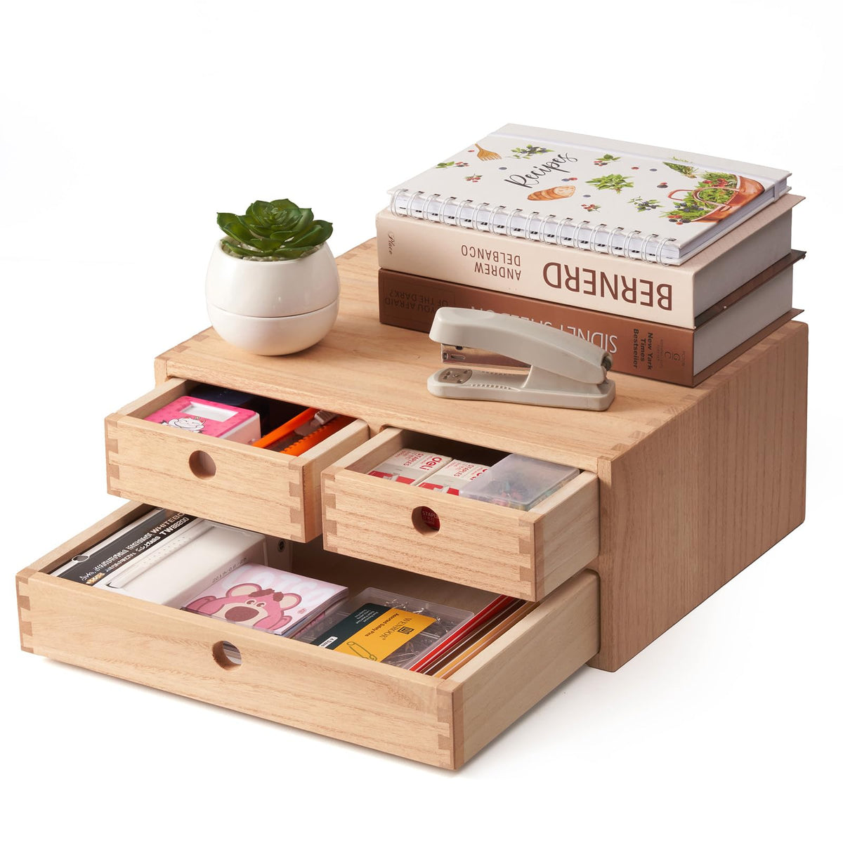 KIRIGEN Wood Desk Organizer with 4 Drawers, Desktop Storage, Natural 34-NA