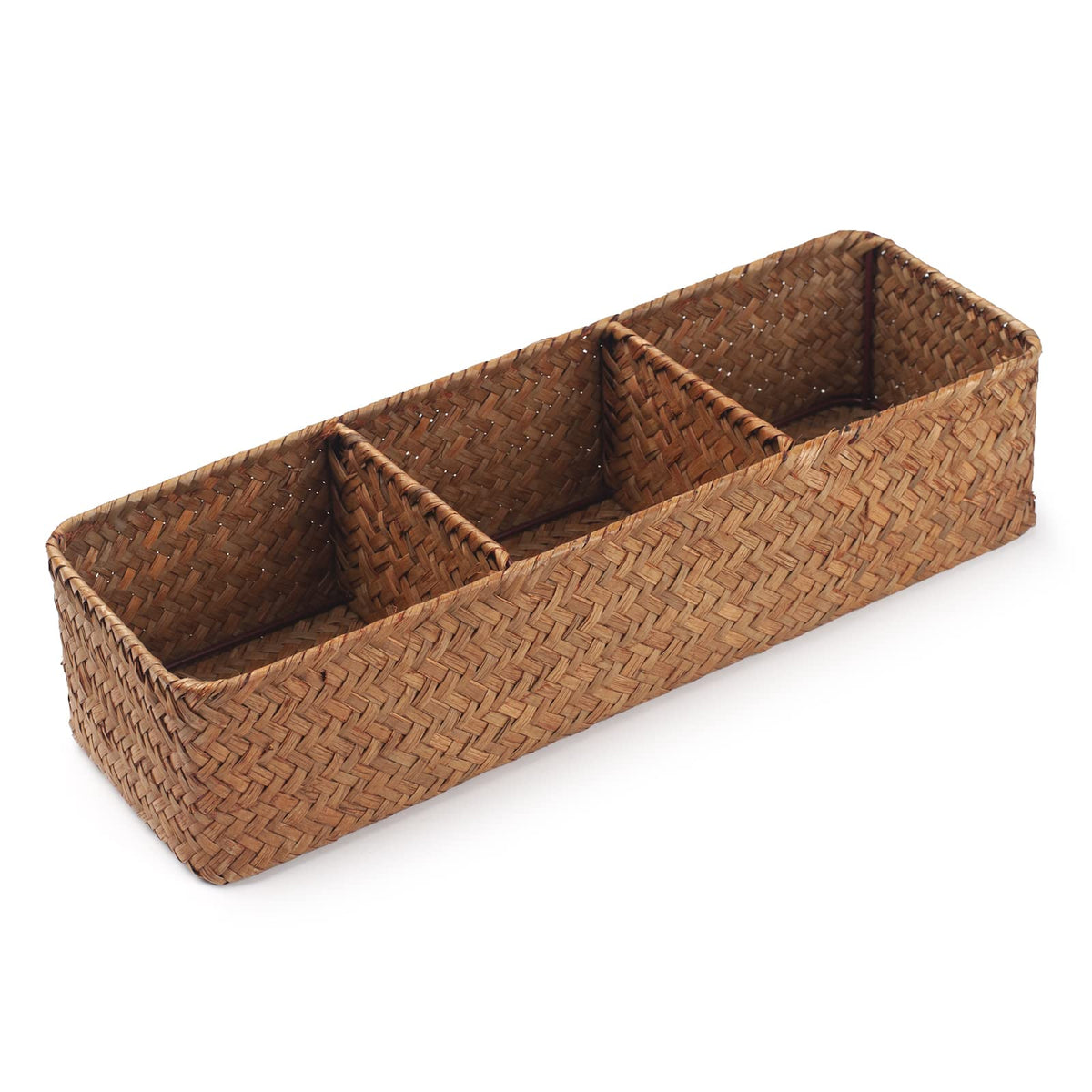 DECRAFTS Seagrass Storage Basket with Lid Rectangular Small Woven Shelf Baskets with Sections for Organize Snack Toys Tampon