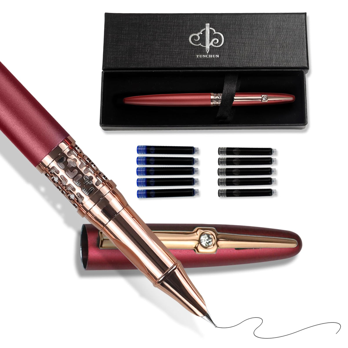 YUNCHUN Refillable Fountain Pen Medium Nib, Fancy Ink Pen with 10 Black & 10 Blue Ink Refills Cartridges, Cool Ink Pens for Writing, Business Metal, Best Gift Set for Men & Women, Red