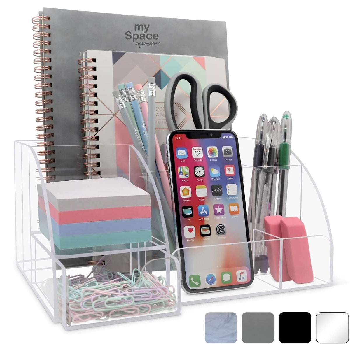 White Desktop Organizer - 9 Compartment Office Desk Accessories Organizer - Pen Holder
