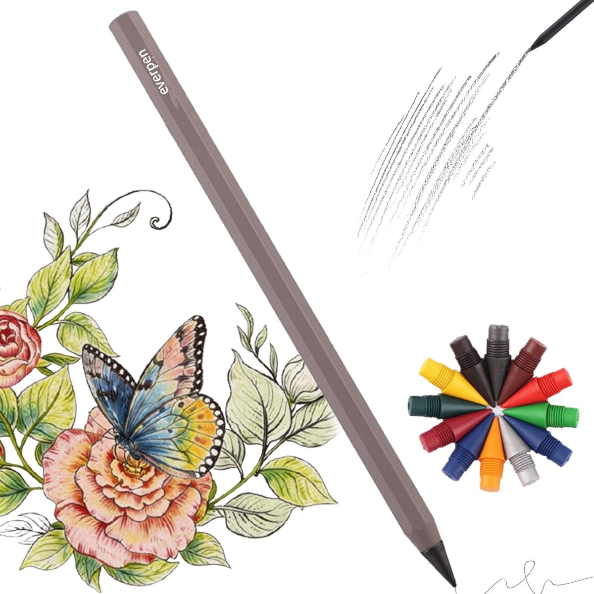 Forever Pencil,Metal Alloy Writing Instrument, With 12 Colored Refill Tips, No Sharpening Required, Pencils for Drawing, Sketching and Writing,Bonus Gift Storage Box (Black, No Gift Box)