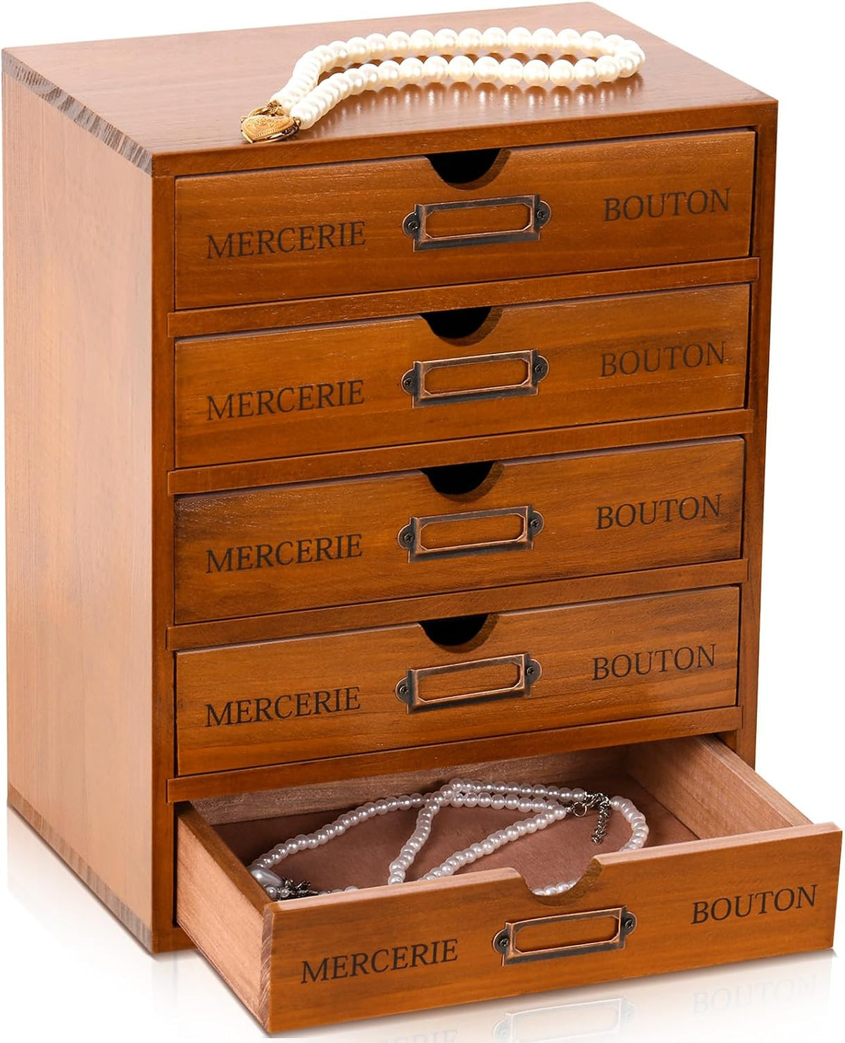 Wesiti Wooden Desk Organizer, 5 Drawers, Vintage Makeup Cabinet, Brown