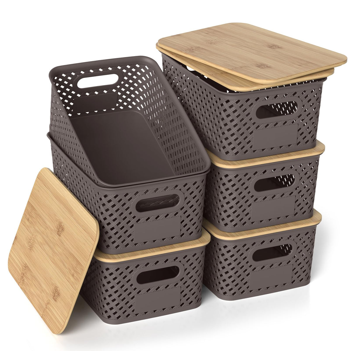 Plastic Storage Bins with Bamboo Lids, Stackable Small Box Baskets for Organizing and Containers for Shelves Drawers Desktop Closet Pantry Classroom Office Home, 6 Pack 10.2x7.2x4.1 Inch, White