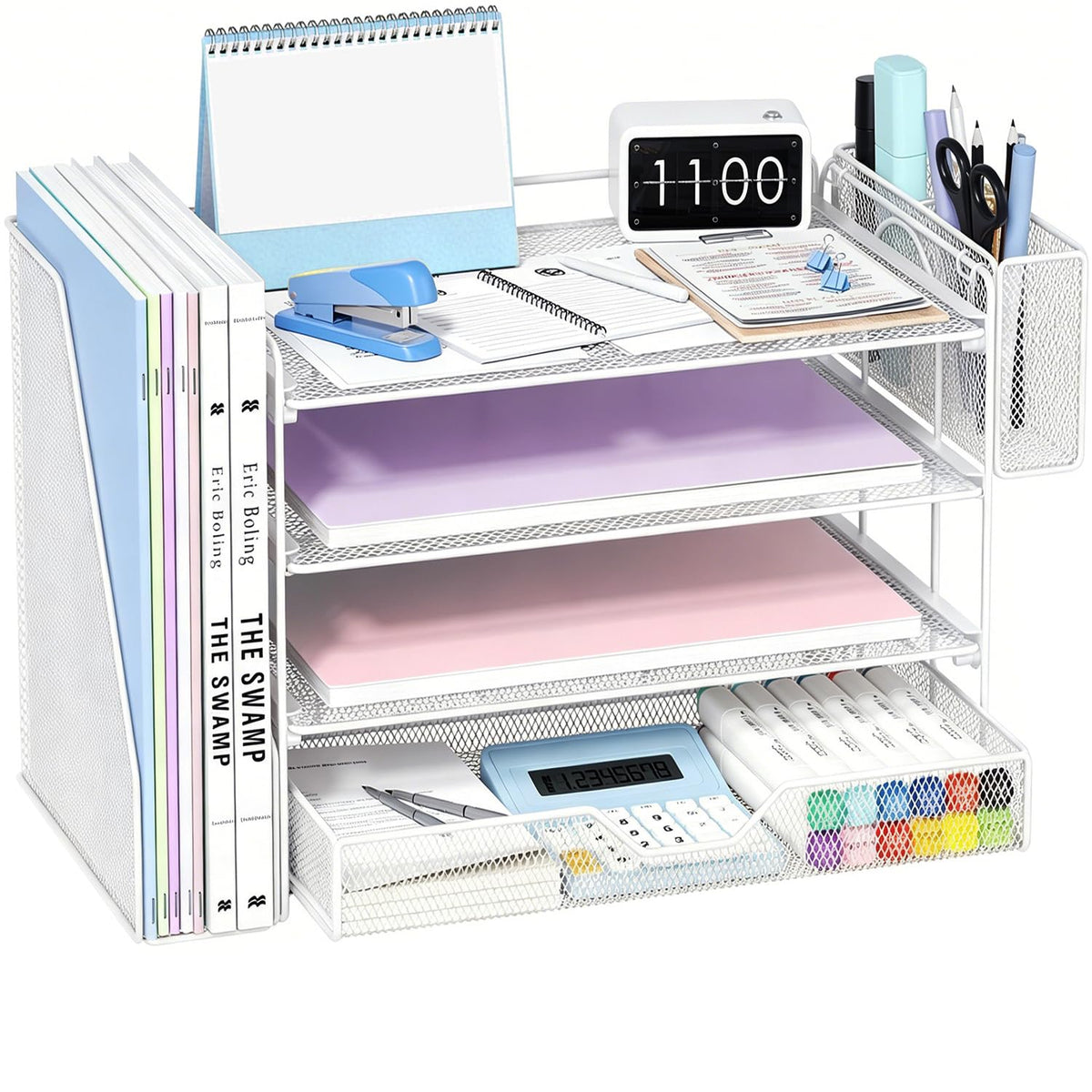 OPNICE Desk Organizer, 4-Tier Desktop File Organizer with Drawer and Pen Holders, Office Desk Accessories, File Sorters, Workspace Organizers for Office Supplies(Black)