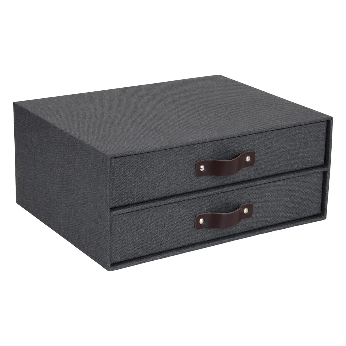 Bigso Birger 2-Drawer Canvas Fiberboard Easy Pull Handle Document Letter Box | Desktop Drawers for Loose Papers and Documents | Desktop Storage Drawers with Leather Handles | 13.1” x 10” x 5.7” | Grey