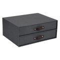 Bigso Birger 2-Drawer Canvas Fiberboard Easy Pull Handle Document Letter Box | Desktop Drawers for Loose Papers and Documents | Desktop Storage Drawers with Leather Handles | 13.1” x 10” x 5.7” | Blue