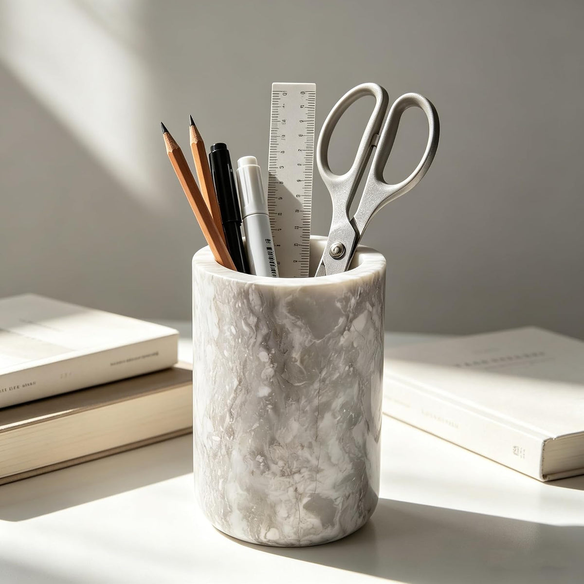 Natural Marble Pen Holder Minimalist Desk Stationery Organizer