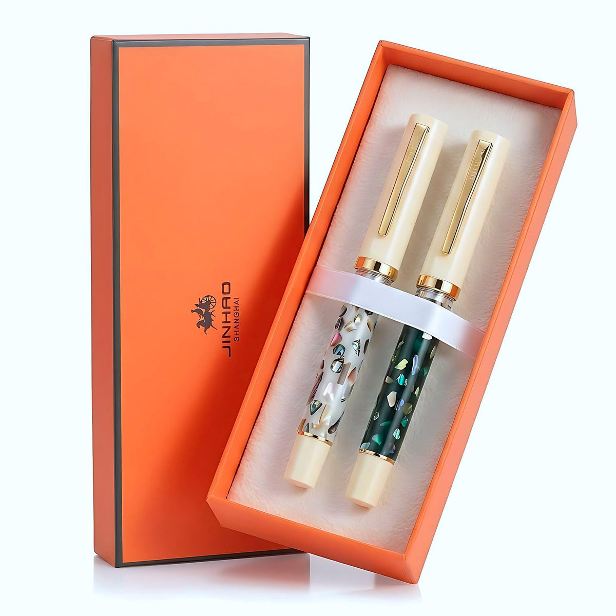 Jinhao 58 Fountain Pen Gift Set of 2 - Natural Sea Shell Inlay Fine Nib Luxury Writing Pens with Jinhao Orange Box & Ink Converters, Black & White