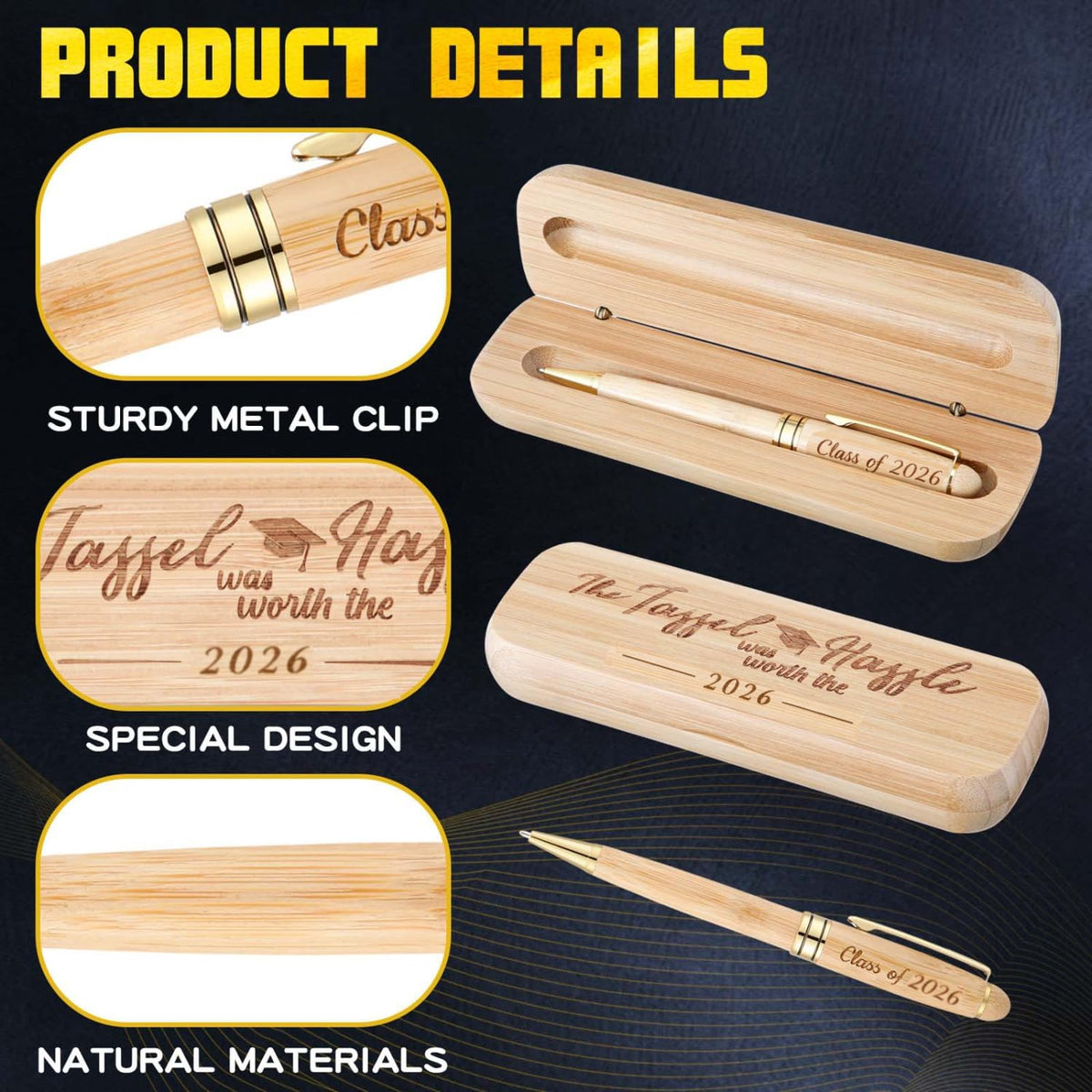 Yinkin Graduation Gifts for Him Her Class of 2026 Seniors Students Bamboo Pen Set Wooden Textured Bamboo Pen and Box Inspirational Congratulation Gift(the Tassel Was Worth the Hassle)