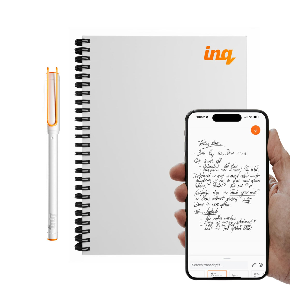inq Smart Writing Set – Converts Handwriting to Text – Real Ink on Real Paper - AI Note Taking, Voice Recording and Transcription, For iPhone and Android - Smart Pen & Notebook (Letter Size), White