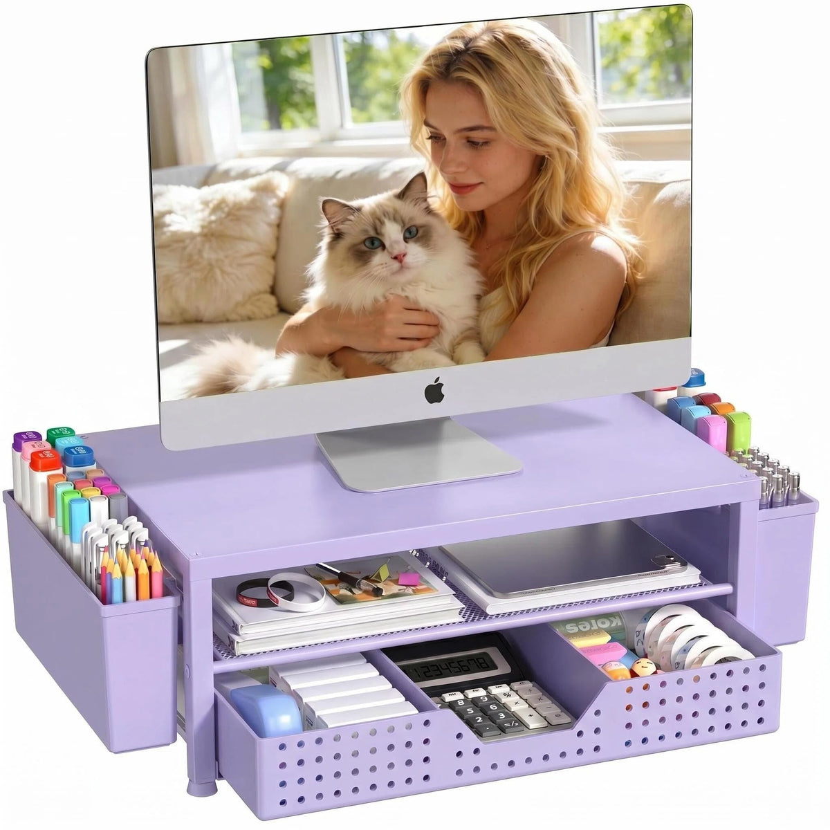 OPNICE Desk Organizers and Accessories, Computer Monitor Stand Riser with Drawer and 2 Pen Holders, Printer & Laptop Stand, Office Desk Accessories & Workspace Organizers for Home Office Supplies, Black