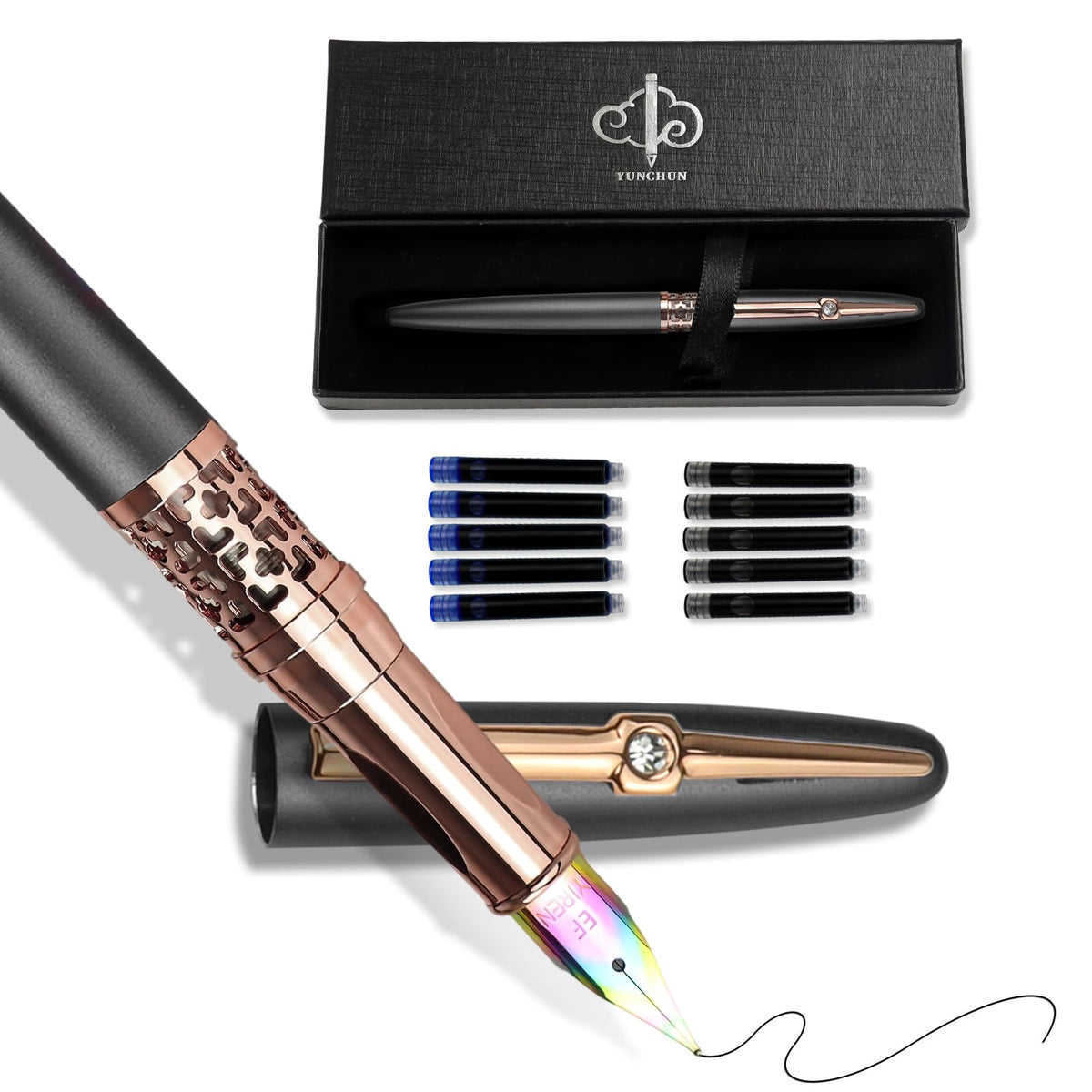 YUNCHUN Refillable Fountain Pen Medium Nib, Fancy Ink Pen with 10 Black & 10 Blue Ink Refills Cartridges, Cool Ink Pens for Writing, Business Metal, Best Gift Set for Men & Women, Red