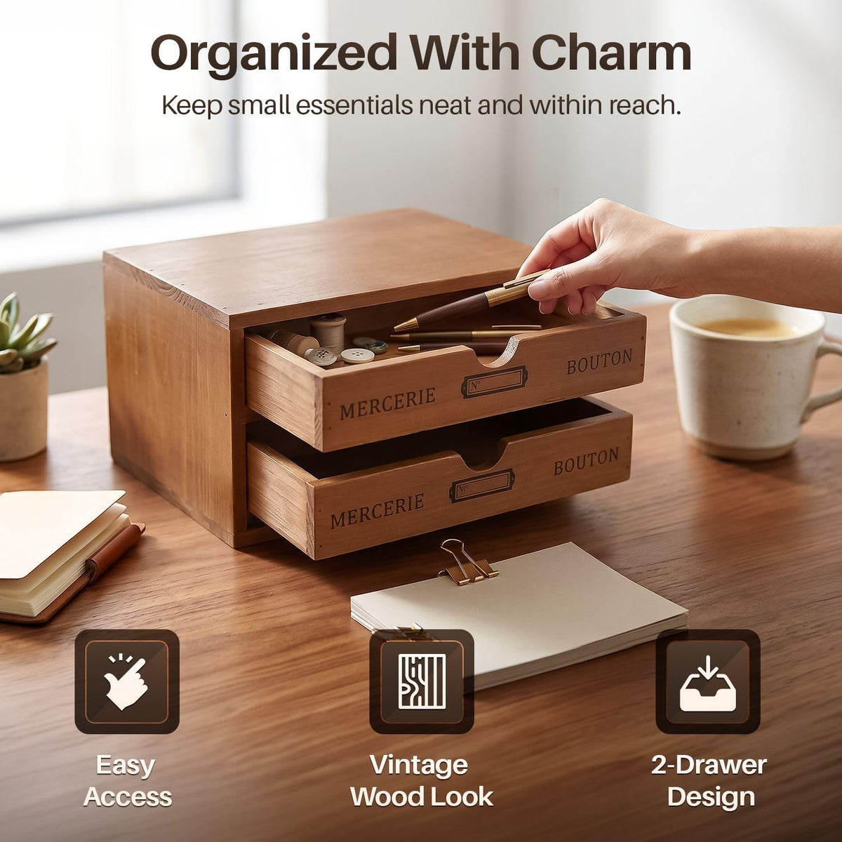 Flexzion Wooden Storage Box with 2 Drawers, Vintage Desktop Organizer