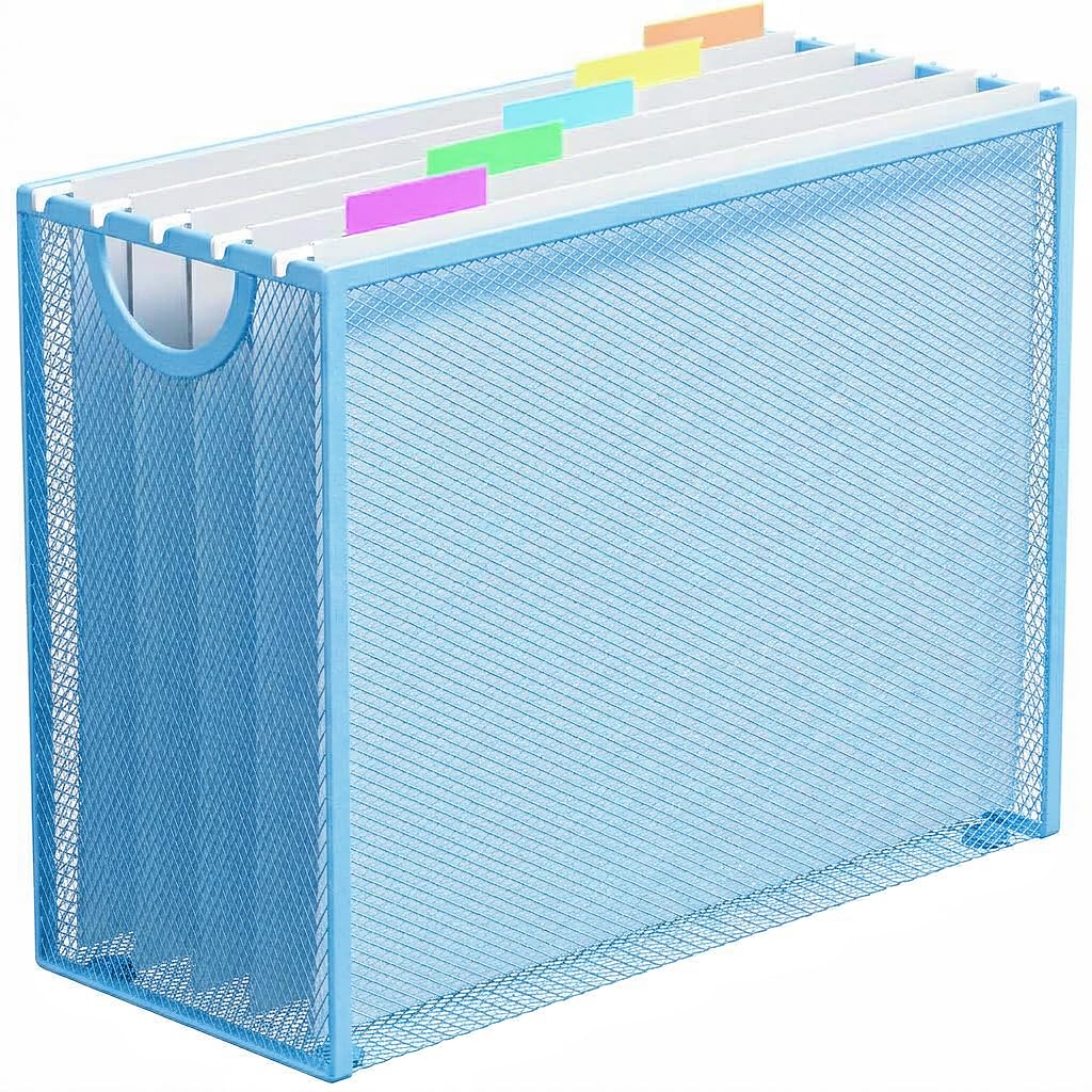 Hanging File Organizer, File Folder Organizer with Handles, Metal Mesh File Crate Storage Box, Letter Size (with 5 Grey Folders)