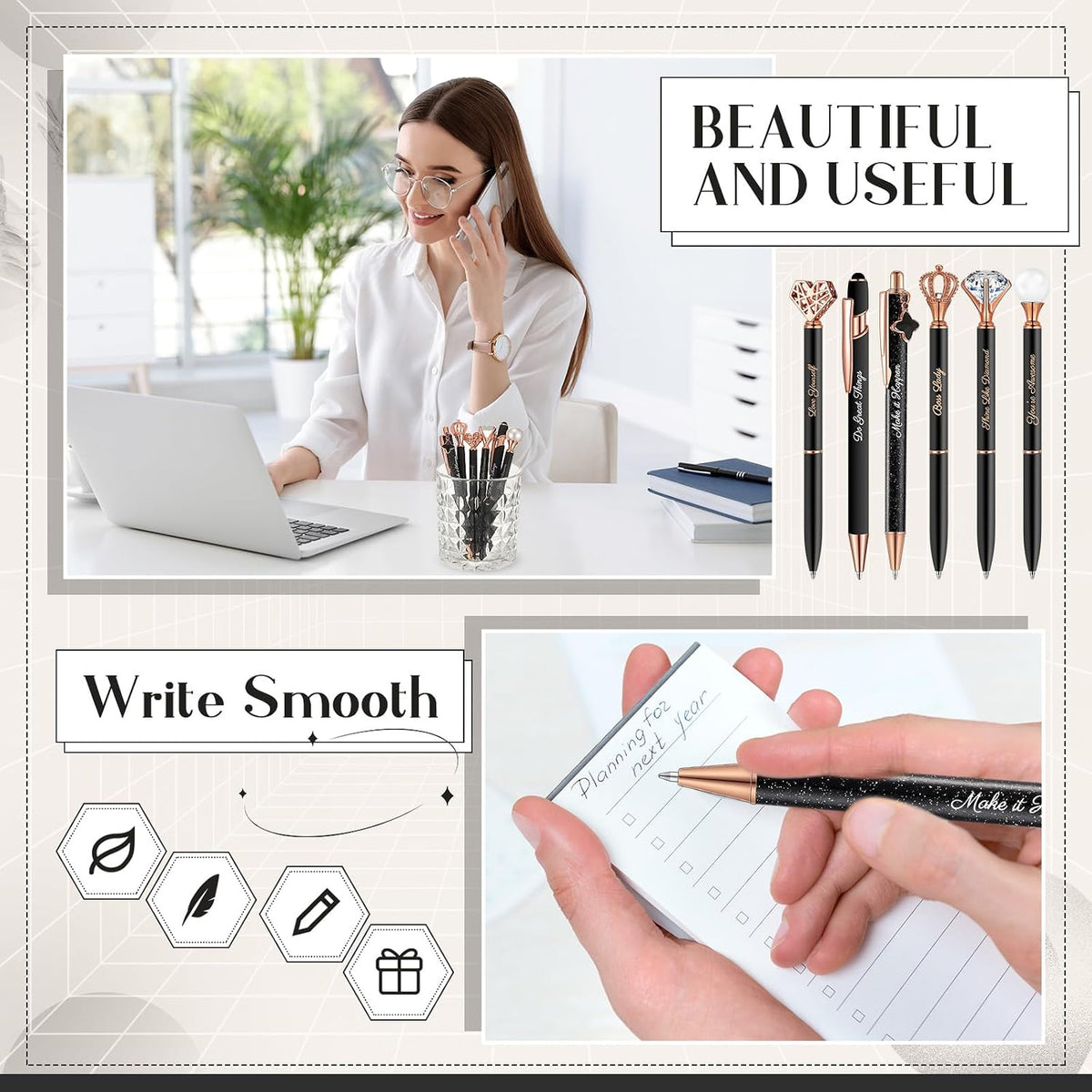 Qeeenar 6 Pcs Fancy Pens for Women Crystal Diamond Pen with Box, Black