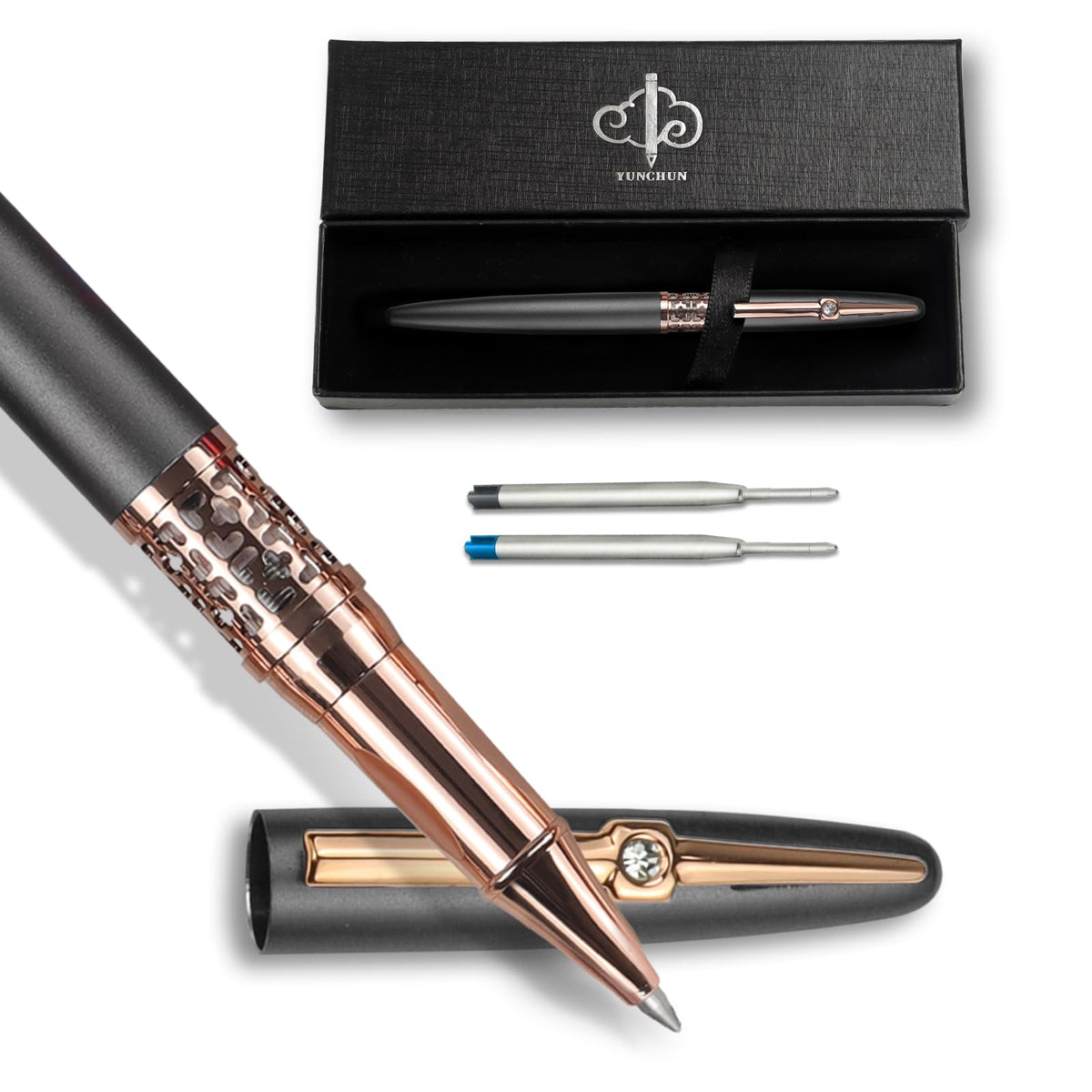 YUNCHUN Refillable Fountain Pen Medium Nib, Fancy Ink Pen with 10 Black & 10 Blue Ink Refills Cartridges, Cool Ink Pens for Writing, Business Metal, Best Gift Set for Men & Women, Red