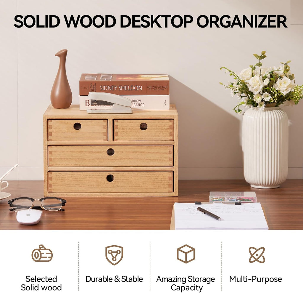 KIRIGEN Wood Desk Organizer with 4 Drawers, Desktop Storage, Natural 34-NA