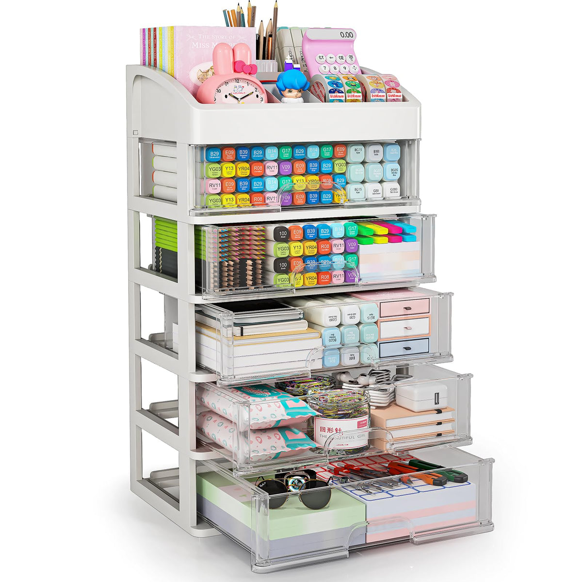 Desk Organizer with 4 Drawer Storage, Desktop Drawers Organizer for Office/School Supplies, Plastic Stationary Makeup Organizer, Desk Storage Box Organizer for Office, School, Bathroom