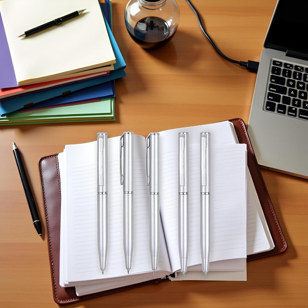 5 Pcs Silver Small Pens Mini, Retractable Ballpoint, Writing Pen Short Pens Stainless Steel Point Pen with Copper Fittings Ballpoint Pen Small Personalized for Pockets Business
