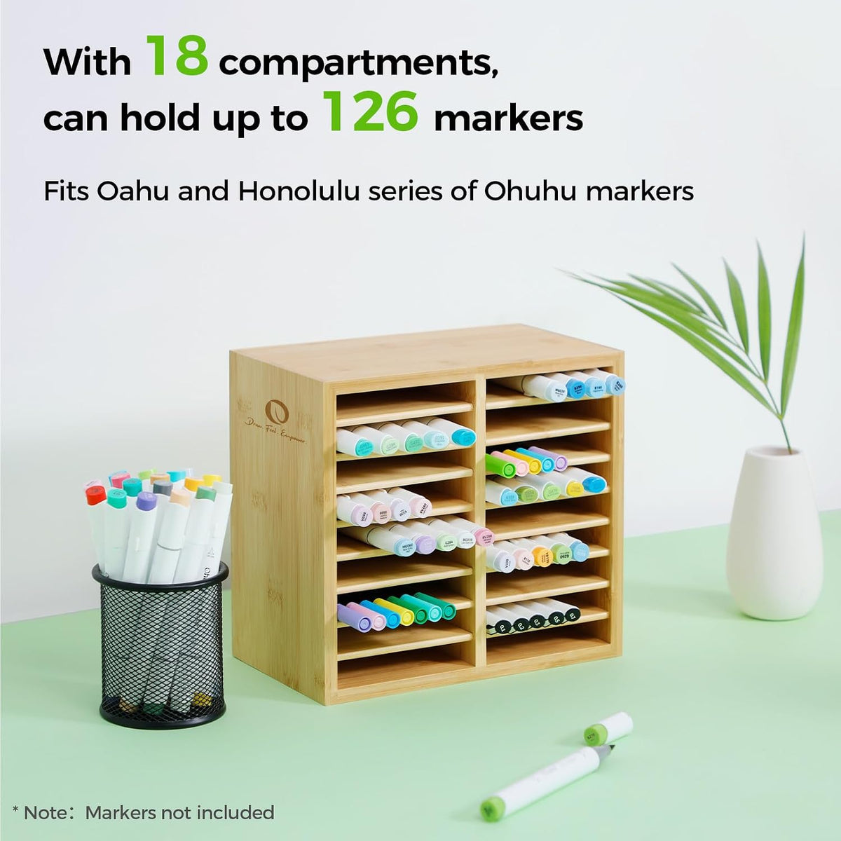 Ohuhu Bamboo Marker Organizer, Wooden Desktop Storage Holds 126 Markers