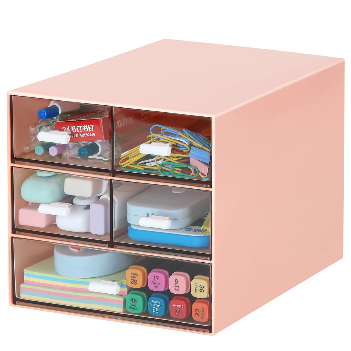 Desk Organizer with 5 Drawers, Rectangular Office Stationery Supplies Desktop Drawers, Plastic Makeup Storage, Suitable for Office, School, Home (White & 5 Drawers)